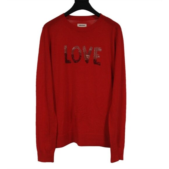 Zadig & Voltaire Womens Love Sweater Medium Red Wool Pullover Logo Sleeve - Picture 1 of 9